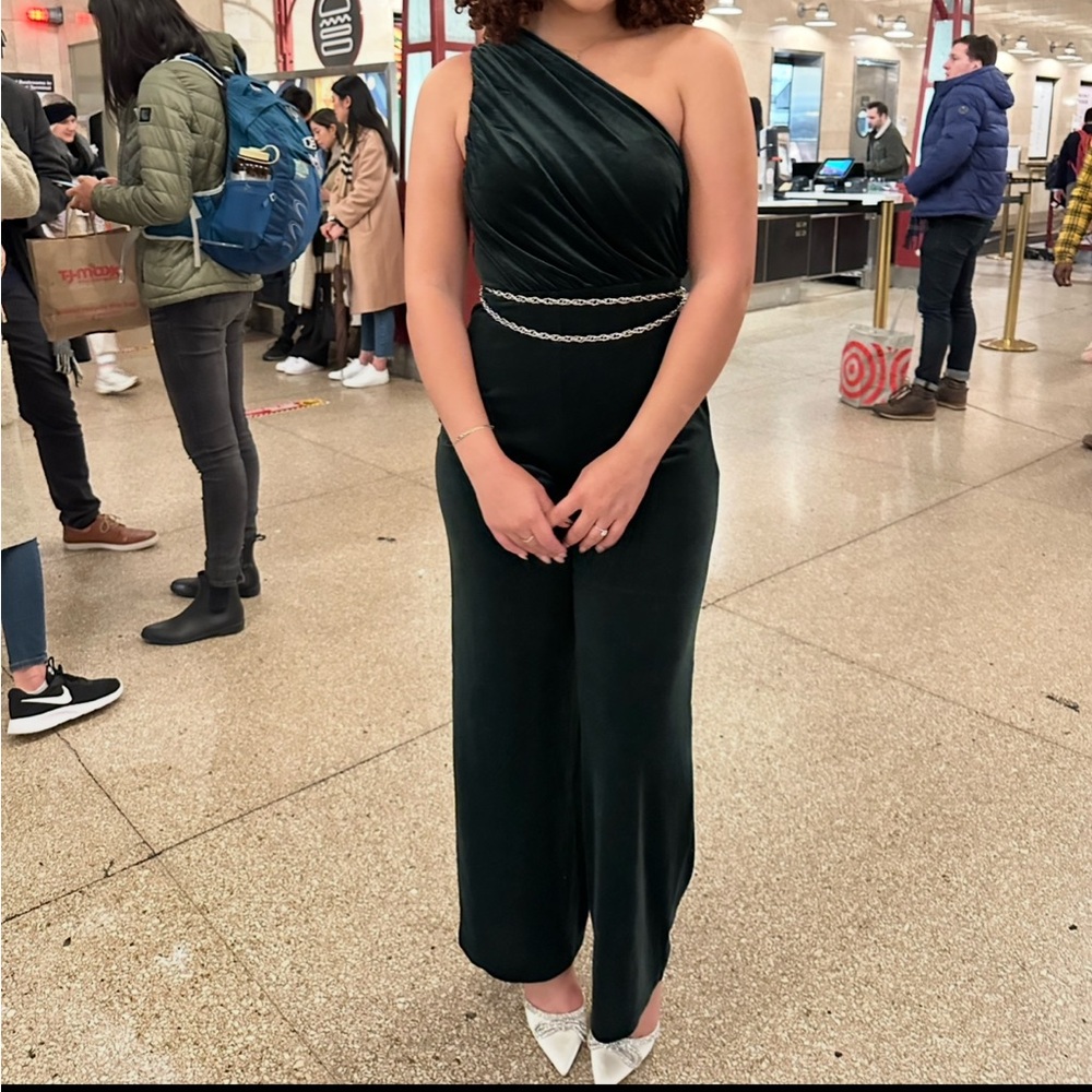 Velvet One-Shoulder Hunter Green Jumpsuit